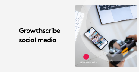 Growthscribe social media strategy with laptop and smartphone on desk.