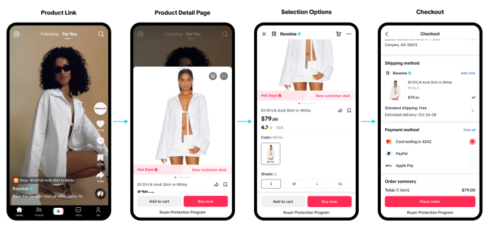 Online shopping flow for white BY.DYLN Andi shirt from app to checkout screen.