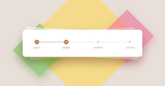 Checkout progress bar showing steps: select, review, payment, success