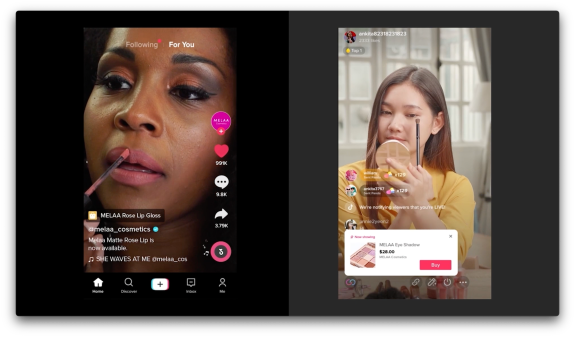 Two women applying makeup during a live stream showcasing Melaa lip gloss and eye shadow products.