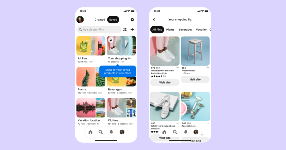 Mobile app interface showing shopping list and saved pins on a lavender background.