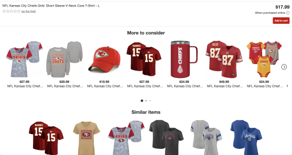 Display of various Kansas City Chiefs merchandise including shirts, hats, and mugs.