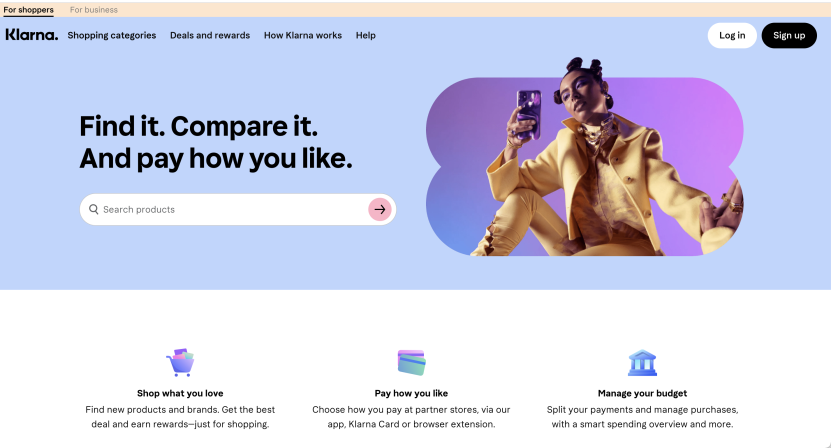 Klarna homepage - ecommerce startup 2023 in fintech