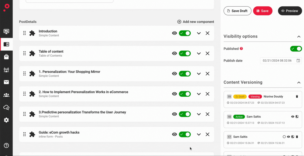 How to publish and unpublish components within a content page