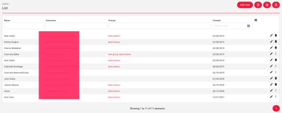 User management dashboard displaying a list of users with names, usernames, and groups.