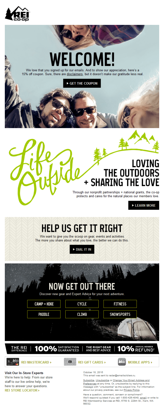 REI welcome email with outdoor gear promotion and 15% off coupon offer.