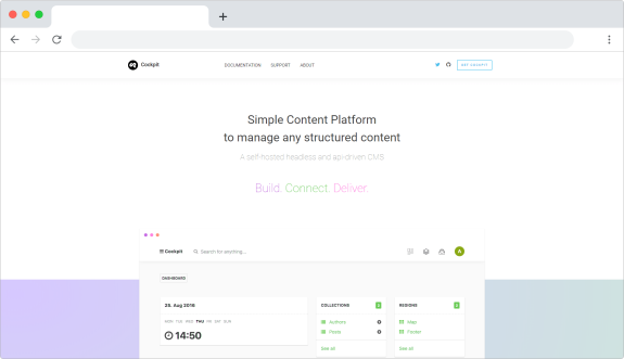 Cockpit CMS dashboard interface with content management features.
