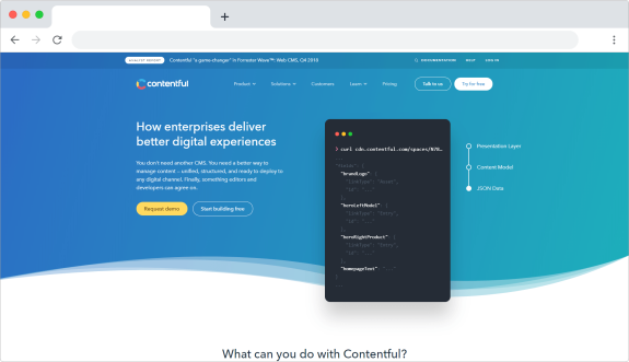 Contentful homepage showcasing digital experiences and content management features.