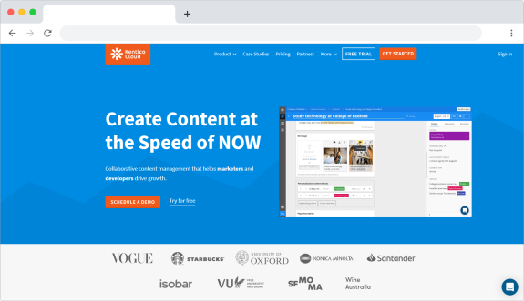 Kentico Cloud website showcasing content management features on blue background.