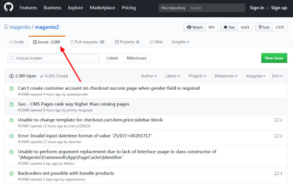 Screenshot of GitHub issues page for Magento2 showing 2389 open issues.