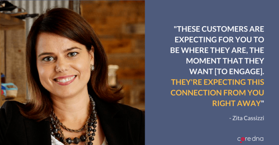 Smiling business woman with a quote about customer engagement on a blue background.