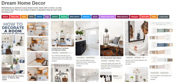 Collage of dream home decor ideas, including living rooms, bathrooms, and color palettes.