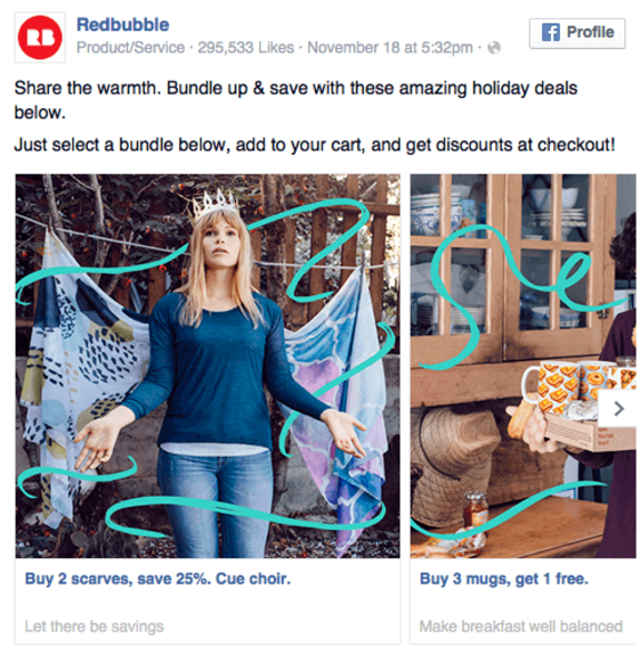 Redbubble holiday deals ad with scarves and mugs promotions.