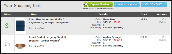 Online shopping cart with executive jacket and bread basket listed.