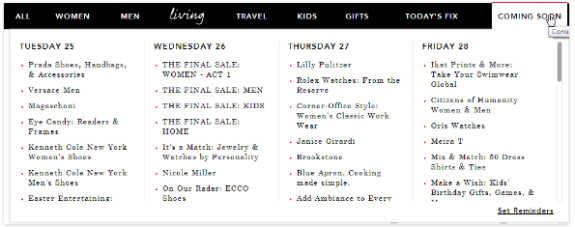 Weekly shopping calendar showing sales from Tuesday to Friday by category.
