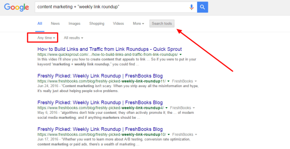 Google search results for content marketing and weekly link roundup.