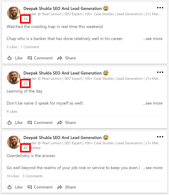 Three social media posts about SEO and lead generation advice.