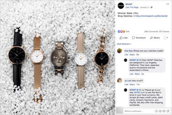 Five MVMT watches displayed on white gravel background.
