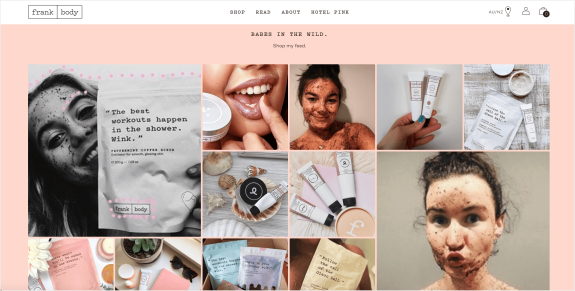 Collage of Frank Body coffee scrub and skincare products with various uses.