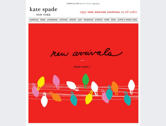 Kate Spade new arrivals banner with colorful lights on red background.