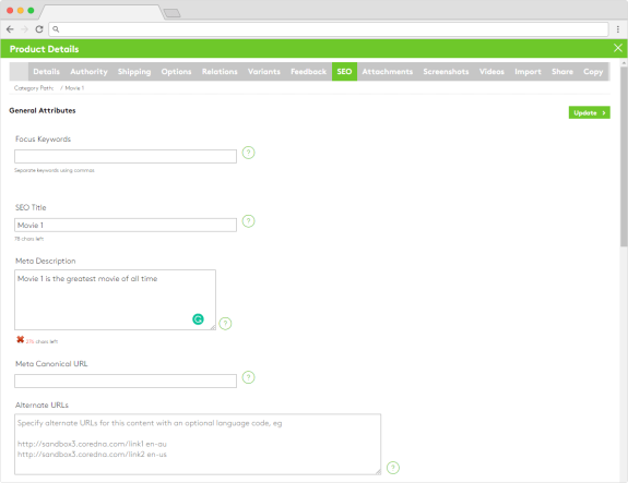 SEO product details page showing settings for movie SEO optimization