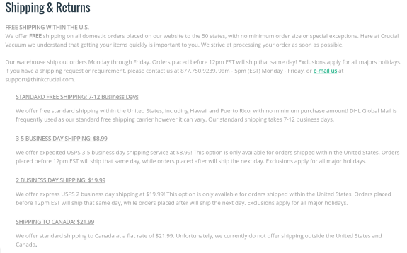 Shipping and returns details for Crucial Vacuum including free U.S. shipping and international options.
