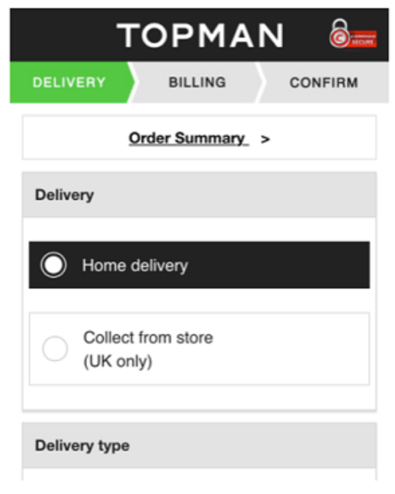 Topman delivery options screen showing home delivery and store collection.