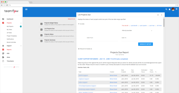 Project management dashboard showing projects due report and filters.