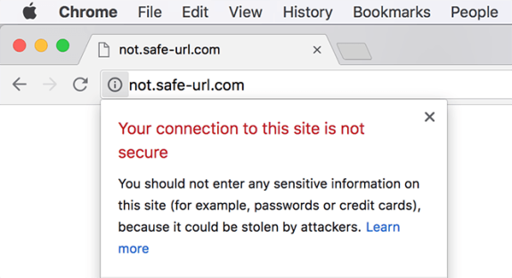Browser security warning showing connection to site is not secure.