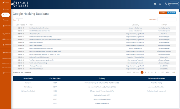 Exploit Database interface displaying Google Hacking Database entries and services.