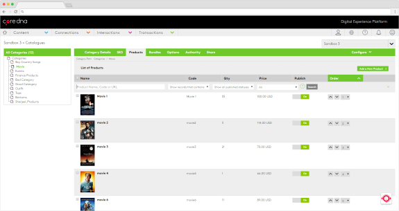 Catalog management dashboard displaying a list of movies with details and options.