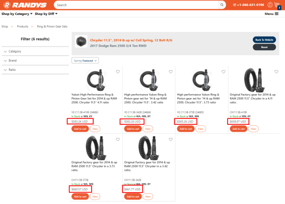 Randy's ring and pinion gear sets for Chrysler and Dodge Ram 2500 on website