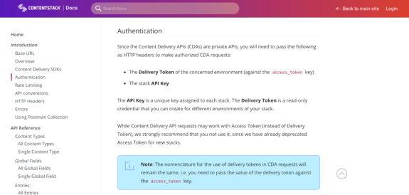 Contentstack API documentation page on authentication process and tokens.