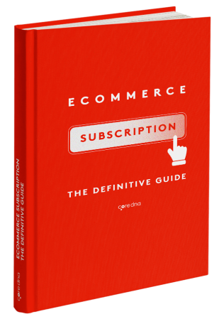 Red book cover titled 'Ecommerce Subscription The Definitive Guide' with a hand icon.