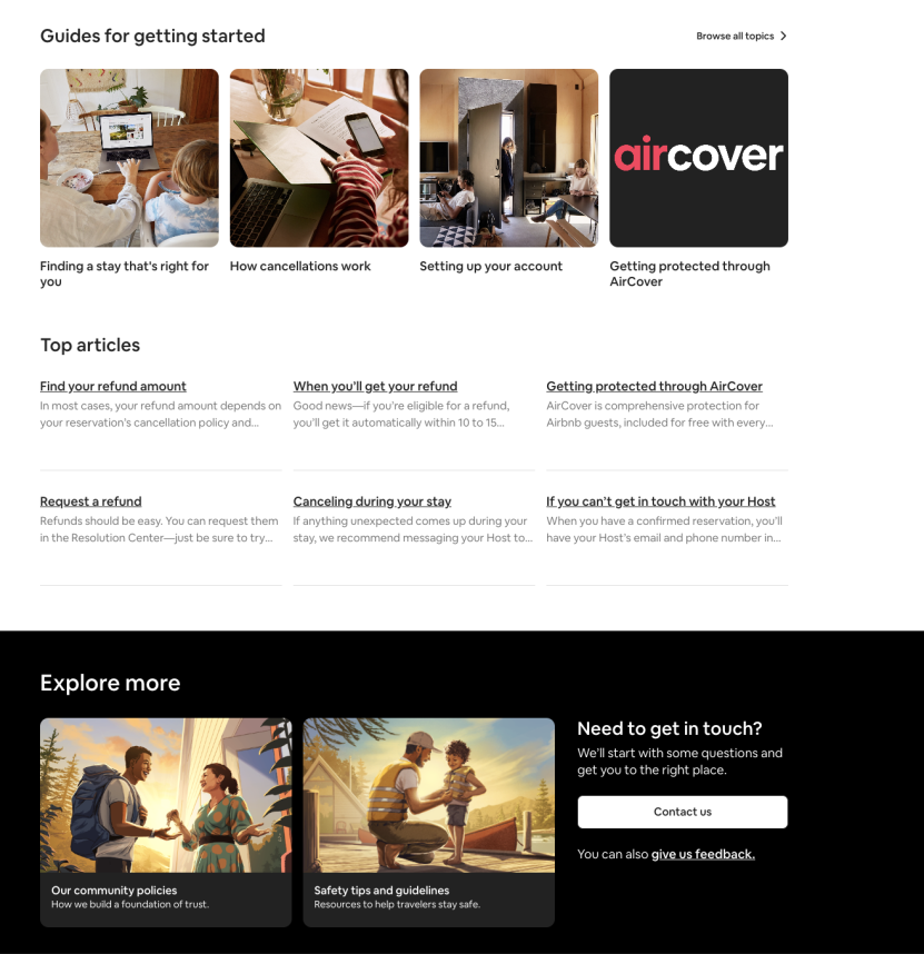 Airbnb FAQ page with guides and questions 